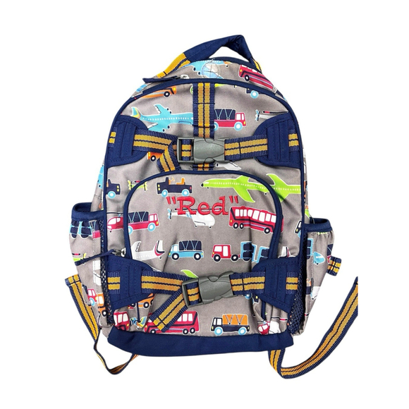 Pottery Barn Other - Pottery Barn Kids Backpack Airplane Bus Truck Print Gray Blue 13x14x6 Preschool